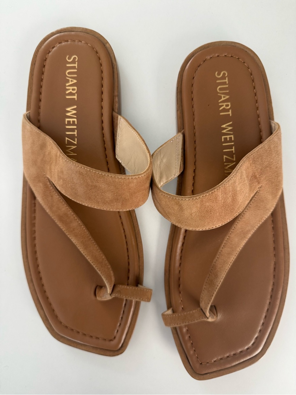 Stuart Weitzman Camel Suede Toe-Loop Slide Sandals